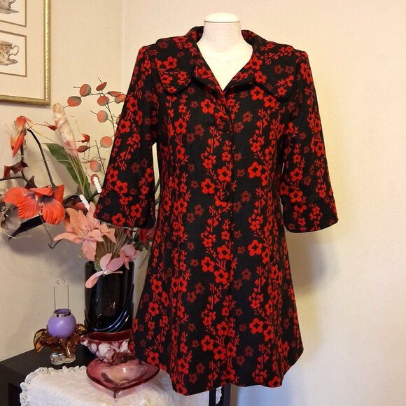 NEW Women’s Elegant Pea Coat Red Black Floral Lined Trench Coat ¾ Sleeve 14 L - Picture 3 of 10